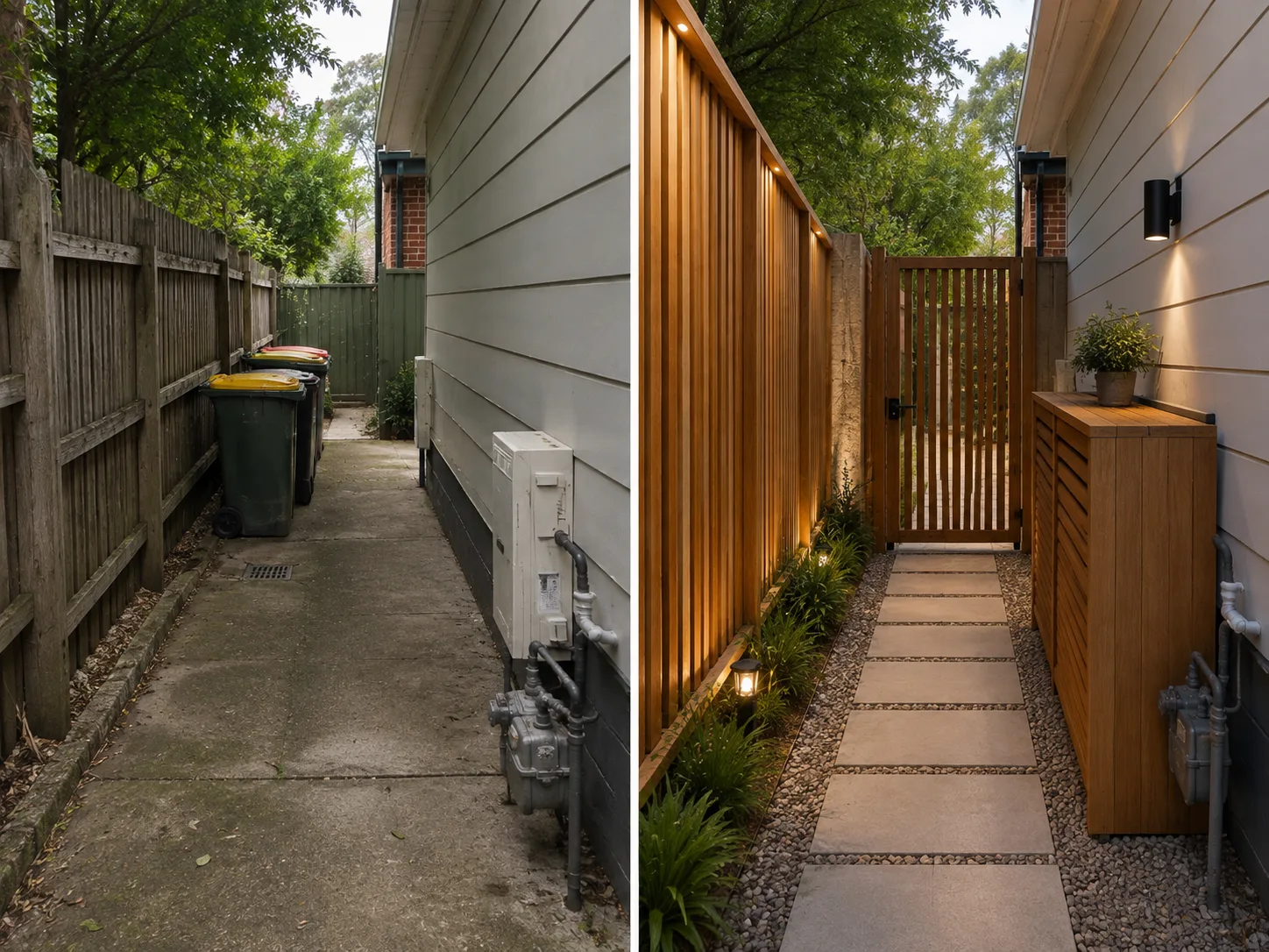 Side yard renovation before and after